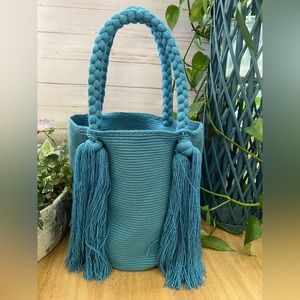 Classic Powder Blue Top Handle Wayuu Bag - Boho Chic Trendy Tote Bag